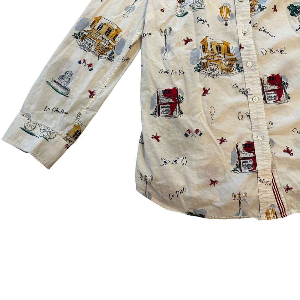 Talbots Ivory Paris Novelty Print Cotton Button Down Shirt Women's Large - Picture 3 of 6